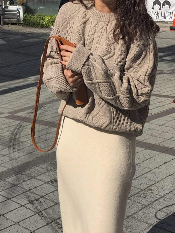 Khaki Twist Loose Round Neck Long Sleeve Sweater