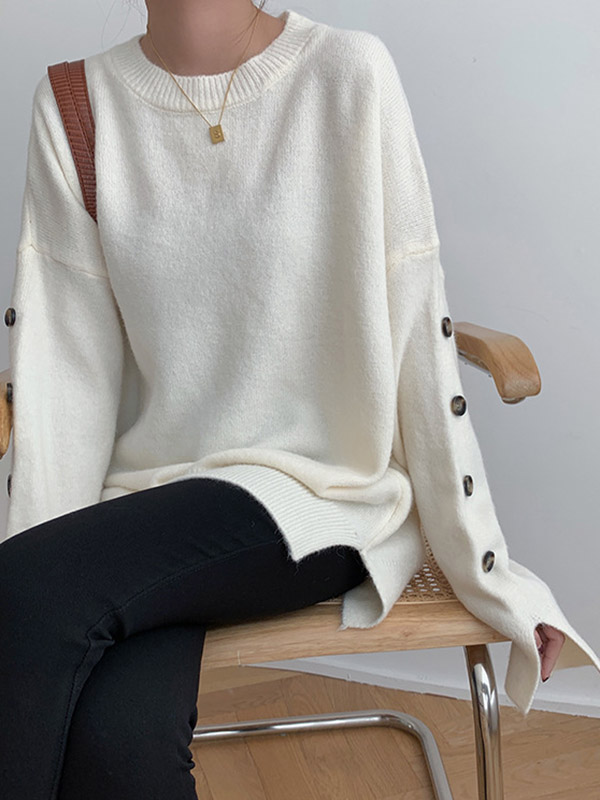 White Loose Slouchy Crew Neck Sweater With Button Decorations