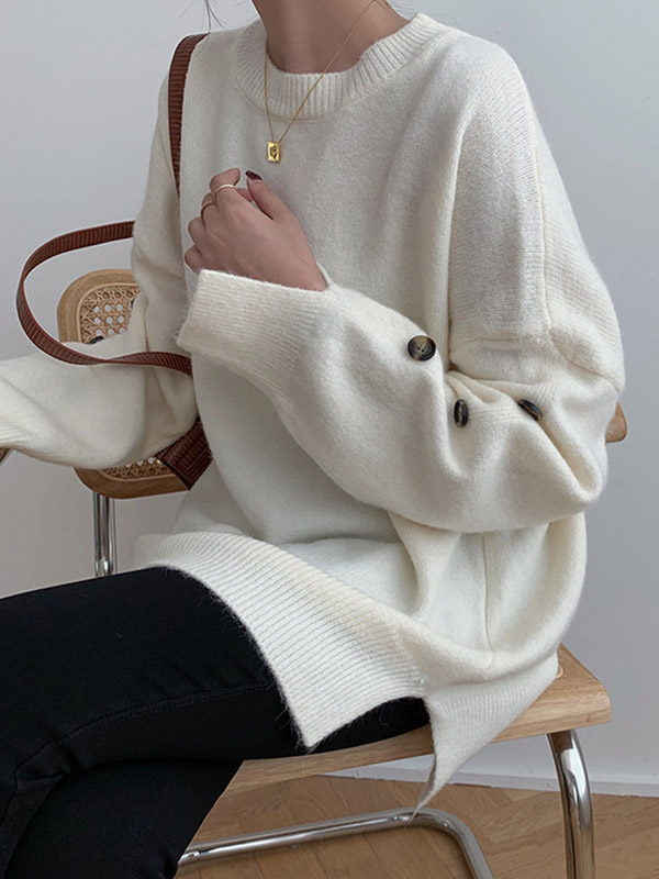 White Loose Slouchy Crew Neck Sweater With Button Decorations