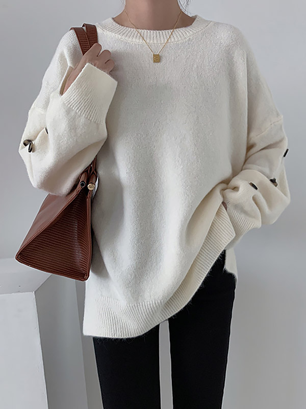 White Loose Slouchy Crew Neck Sweater With Button Decorations