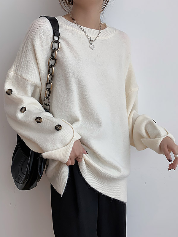 White Loose Slouchy Crew Neck Sweater With Button Decorations