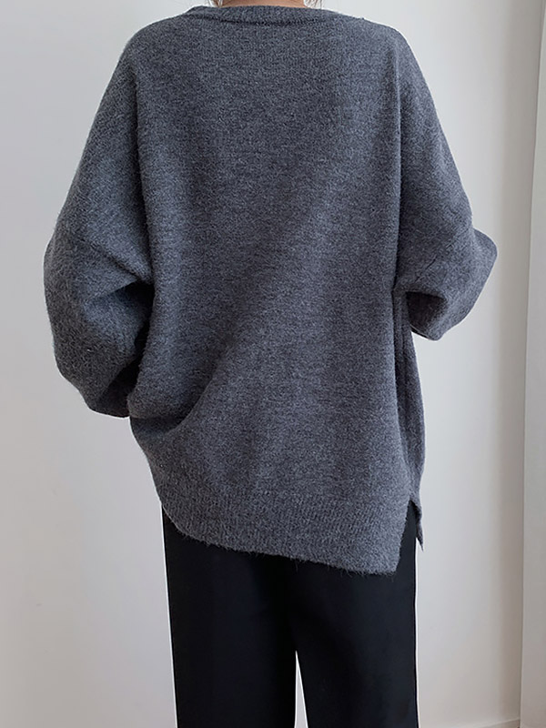 Gray Loose Slouchy Crew Neck Sweater With Button Decorations