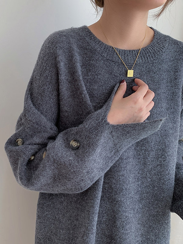 Gray Loose Slouchy Crew Neck Sweater With Button Decorations