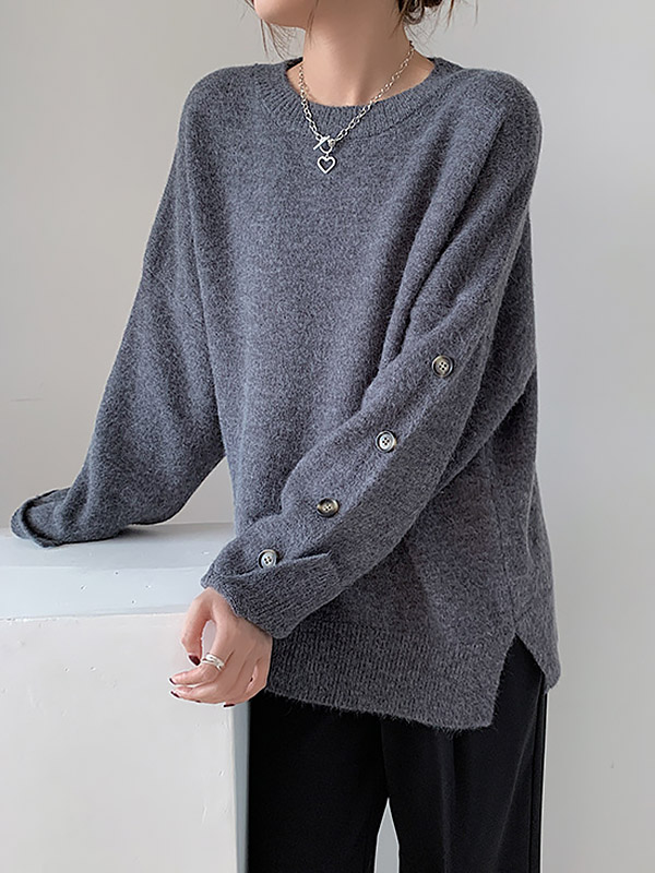 Gray Loose Slouchy Crew Neck Sweater With Button Decorations