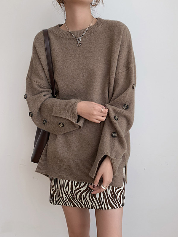 Khaki Loose Slouchy Crew Neck Sweater With Button Decorations