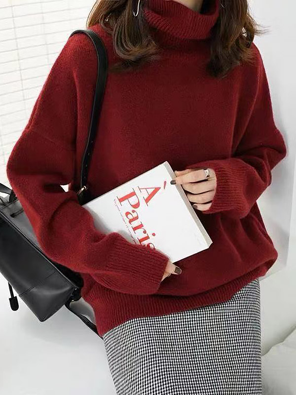 Red Autumn/Winter Thickened High Neck Sweater