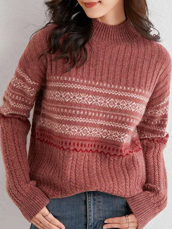 Red Twist Semi Turtleneck Long Sleeve Sweater