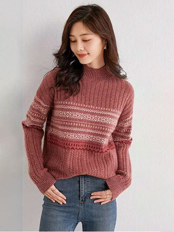 Red Twist Semi Turtleneck Long Sleeve Sweater