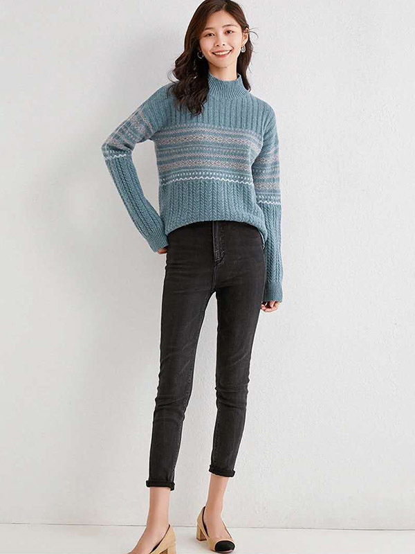 Blue Twist Semi Turtleneck Long Sleeve Sweater