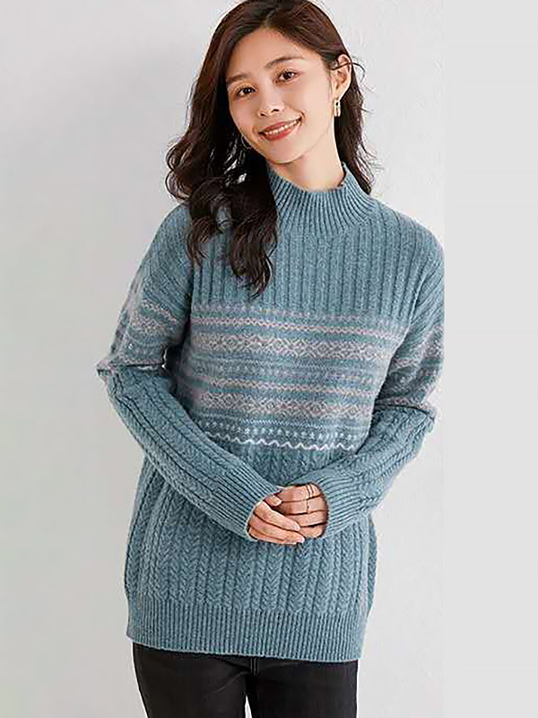 Blue Twist Semi Turtleneck Long Sleeve Sweater