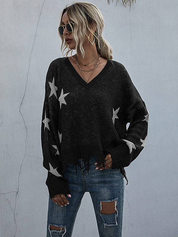 Black Oversize V-neck Star Fringed Knit Sweater