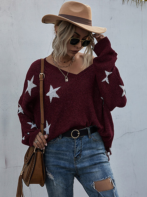 Rose Red Oversize V-neck Star Fringed Knit Sweater