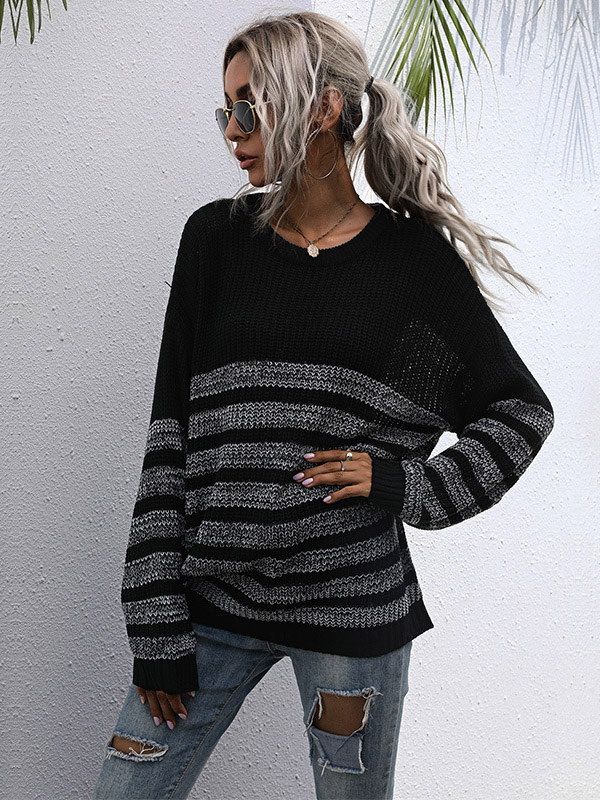 Black Loose Oversize Round Neck Bottomed Casual Sweater