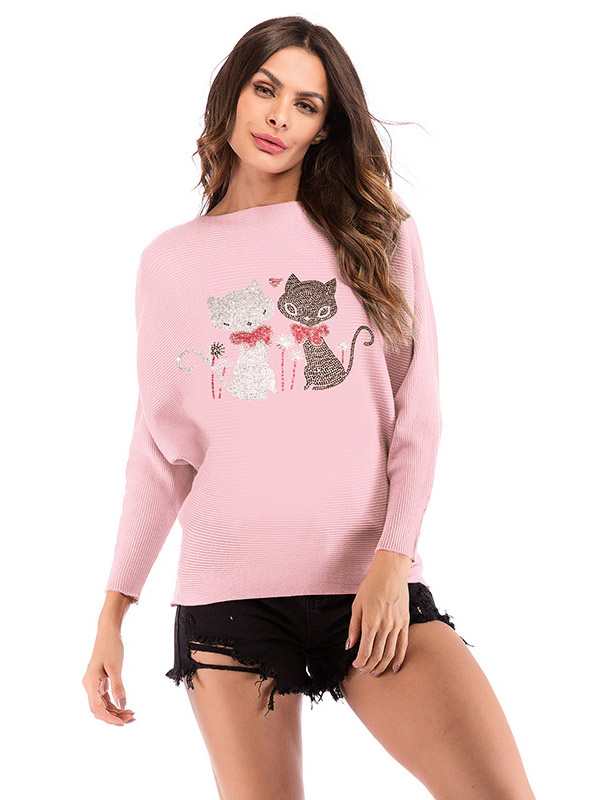 Pink Oversize Cats Pattern Crew Neck Knitted Sweater