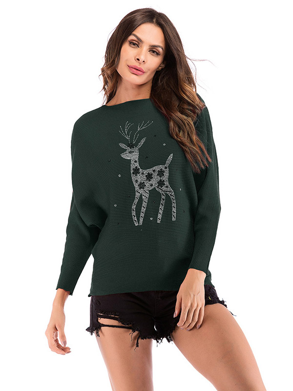 Green Oversize Deer Pattern Crew Neck Knitted Sweater