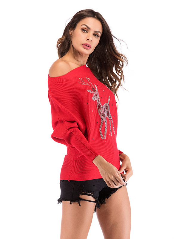 Red Oversize Deer Pattern Crew Neck Knitted Sweater