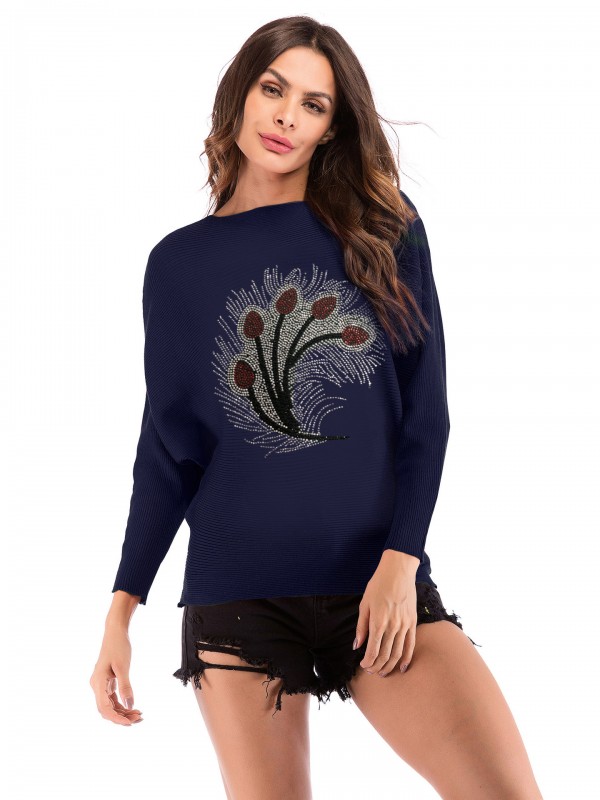 Blue Oversize Peacock feather Pattern Crew Neck Knitted Sweater