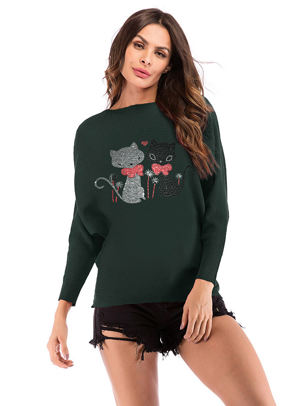 Green Oversize Cats Pattern Crew Neck Knitted Sweater