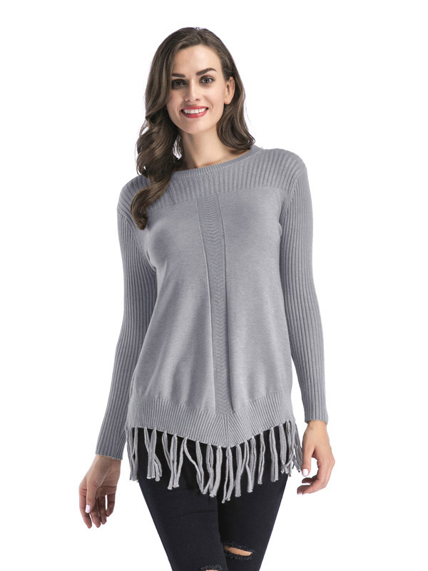 Grey Fashion Round Neck Fringed Thickened Sweater