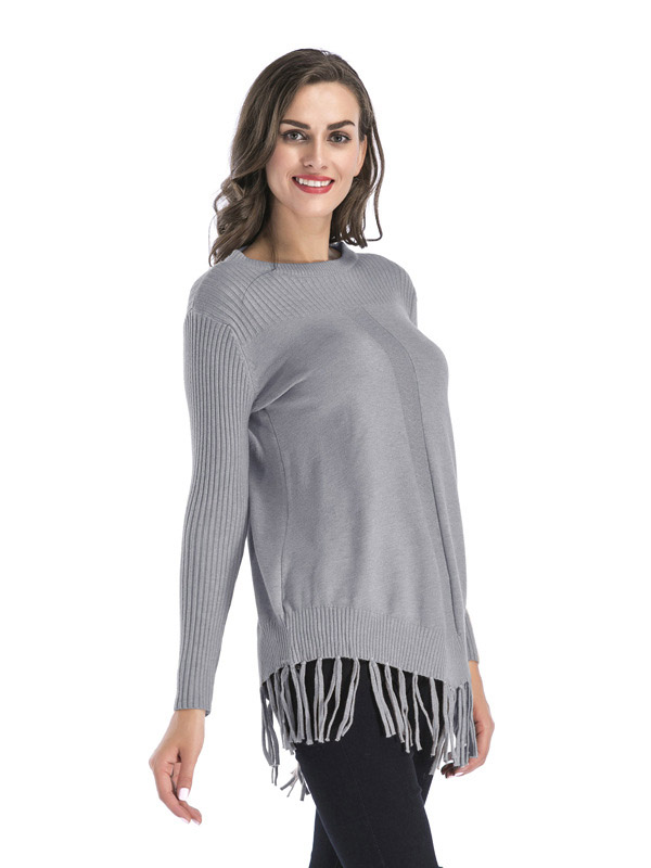 Grey Fashion Round Neck Fringed Thickened Sweater