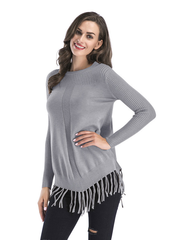 Grey Fashion Round Neck Fringed Thickened Sweater