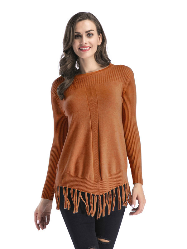 Khaki Fashion Round Neck Fringed Thickened Sweater