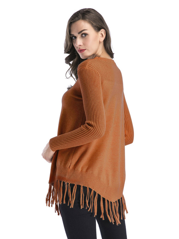 Khaki Fashion Round Neck Fringed Thickened Sweater