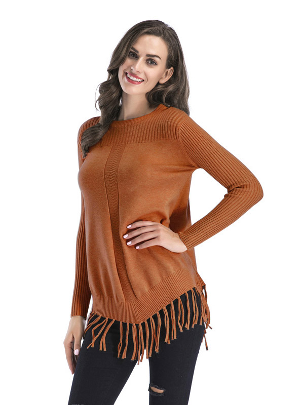 Khaki Fashion Round Neck Fringed Thickened Sweater