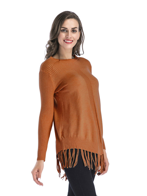 Khaki Fashion Round Neck Fringed Thickened Sweater