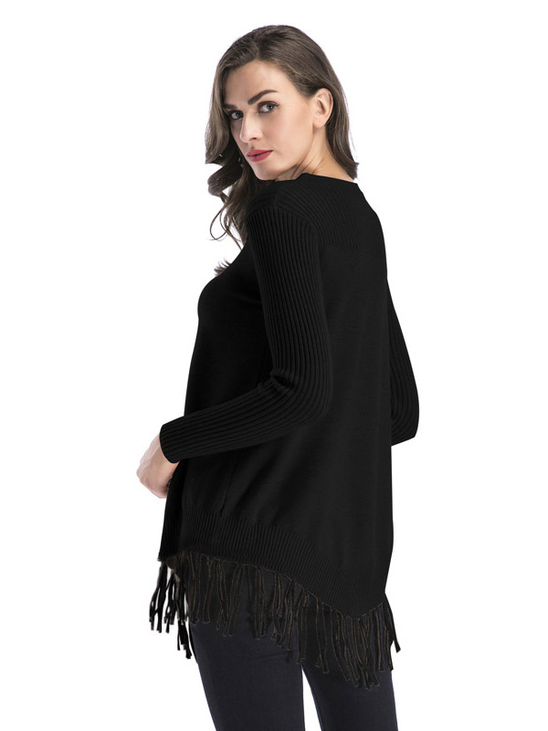 Black Fashion Round Neck Fringed Thickened Sweater