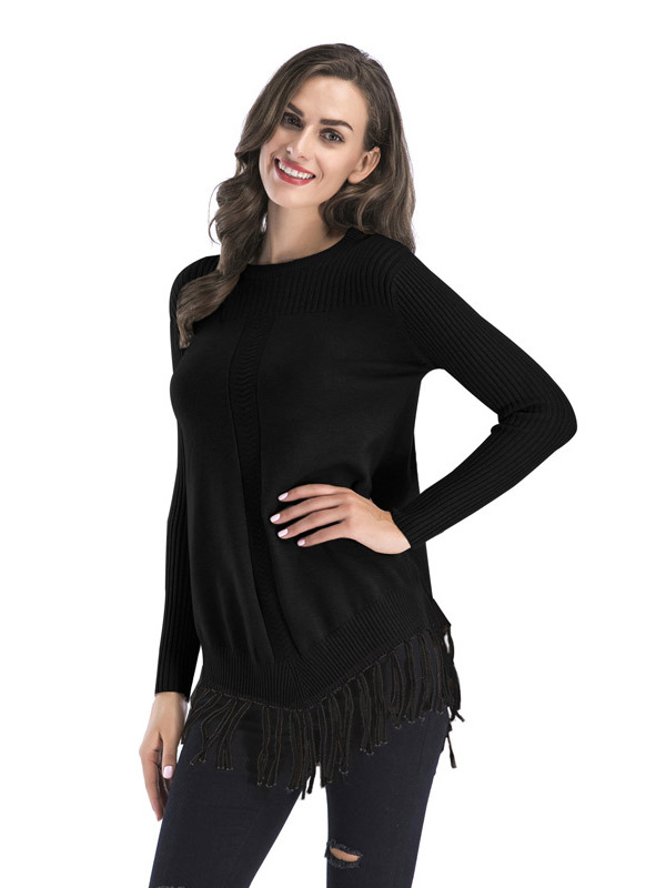 Black Fashion Round Neck Fringed Thickened Sweater