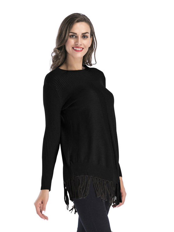 Black Fashion Round Neck Fringed Thickened Sweater