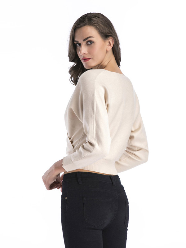 White Short Loose Bat Sleeve Plunge V-Neck Sweater