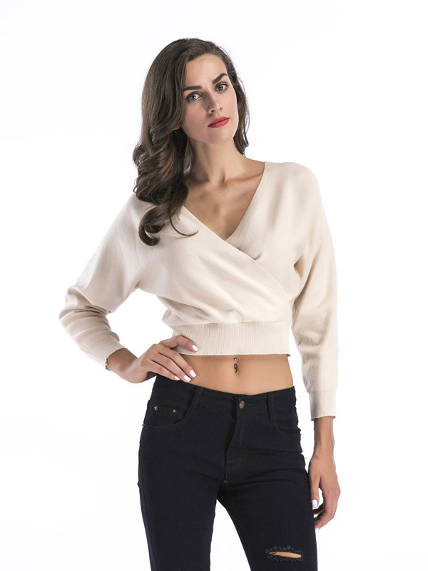 White Short Loose Bat Sleeve Plunge V-Neck Sweater