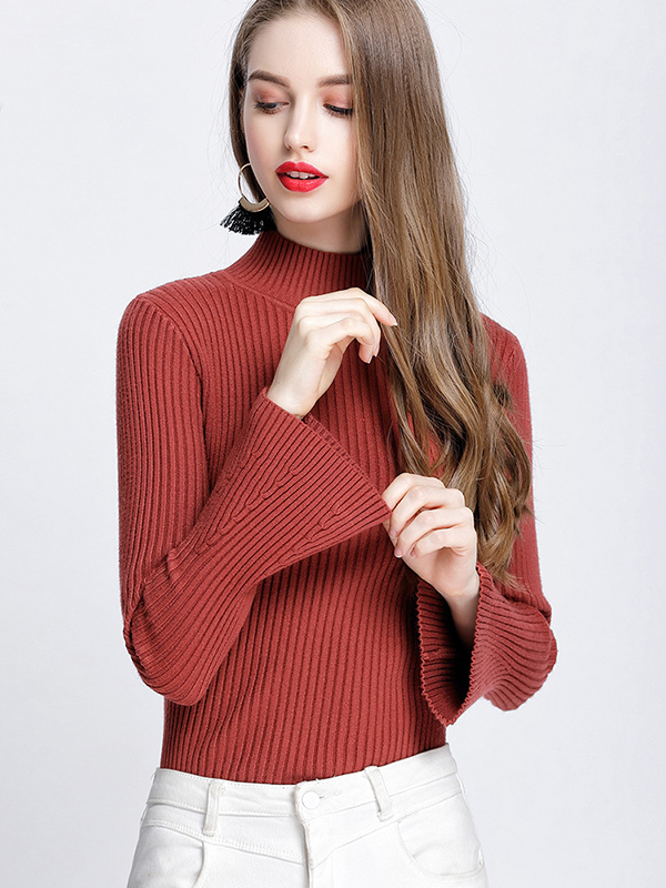 Red Half High Neck Flared Sleeve Warm Sweater