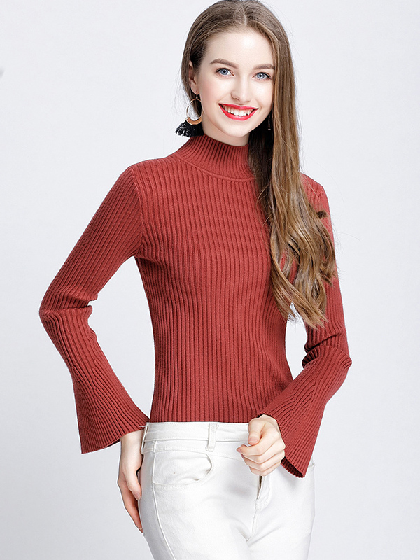 Red Half High Neck Flared Sleeve Warm Sweater