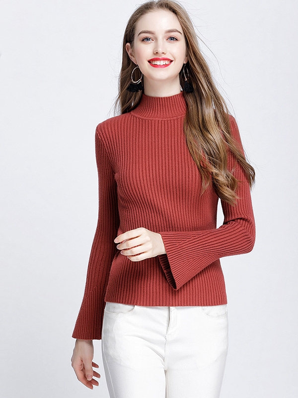 Red Half High Neck Flared Sleeve Warm Sweater