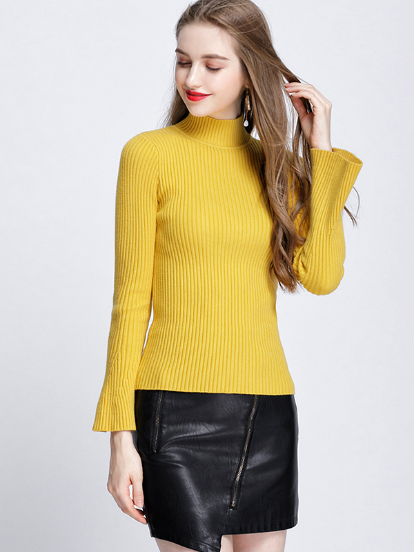 Yellow Half High Neck Flared Sleeve Warm Sweater