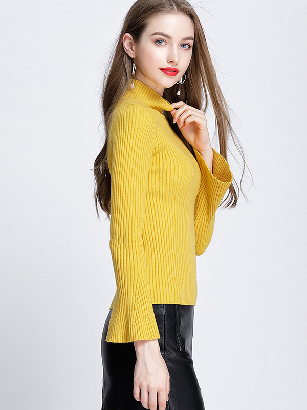 Yellow Half High Neck Flared Sleeve Warm Sweater