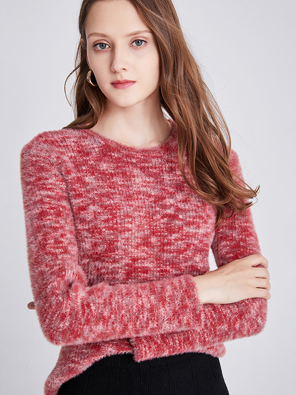 Red Crew Neck Loose Solid Color Knitted Sweater