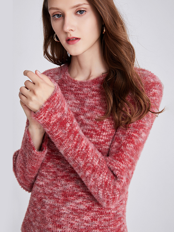 Red Crew Neck Loose Solid Color Knitted Sweater