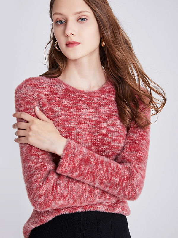 Red Crew Neck Loose Solid Color Knitted Sweater