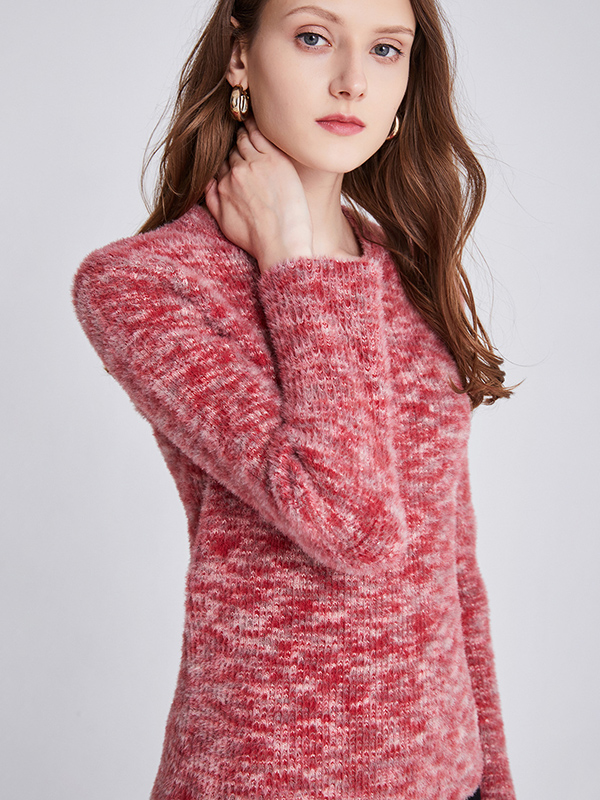 Red Crew Neck Loose Solid Color Knitted Sweater