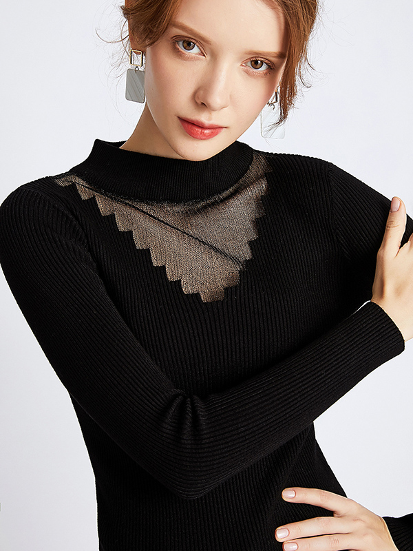 Black Round Neck Hollowed-out Lace Mesh Sweater