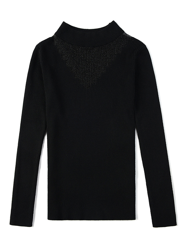 Black Round Neck Hollowed-out Lace Mesh Sweater