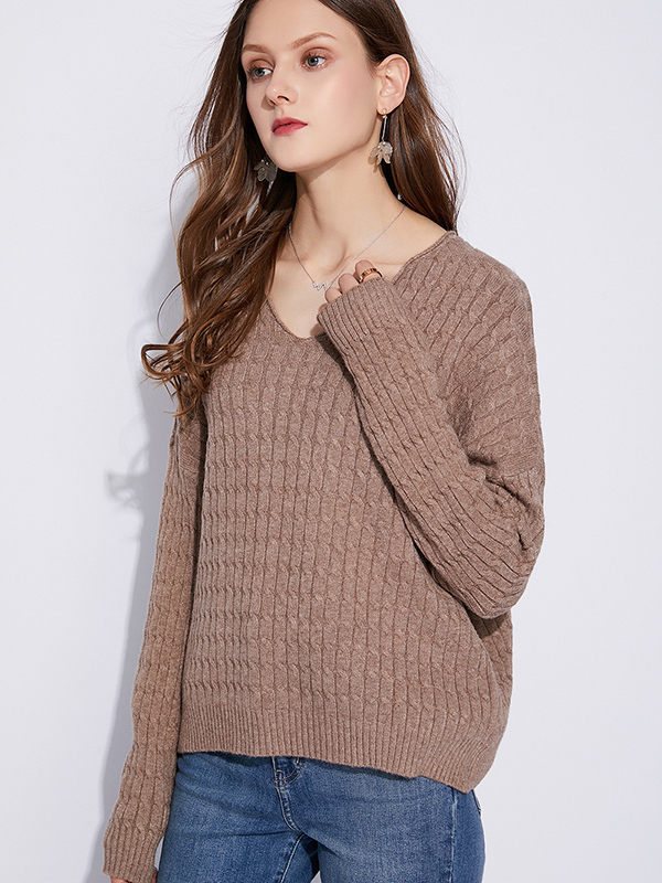 Khaki Twist Languid V-neck Sweater