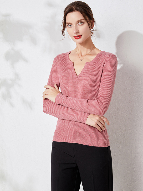 Red Long Sleeve Solid Color Slim Knitted Sweater