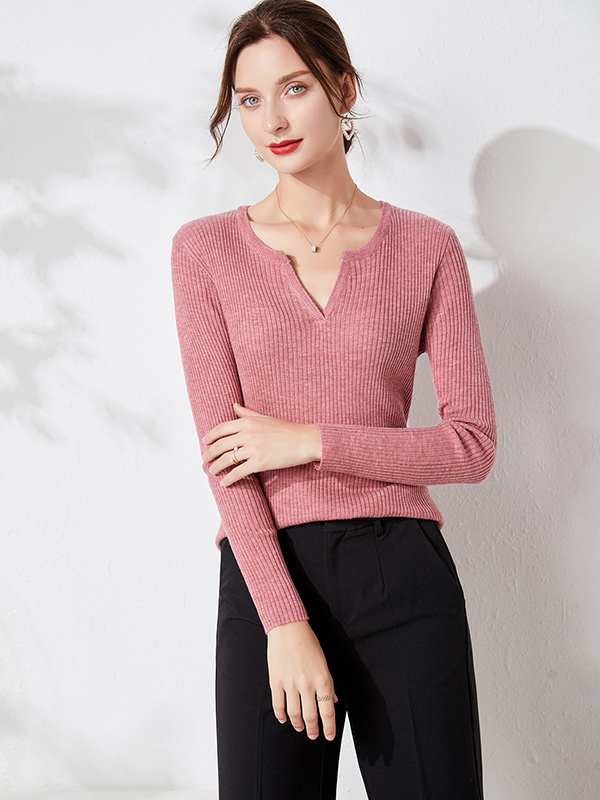 Red Long Sleeve Solid Color Slim Knitted Sweater