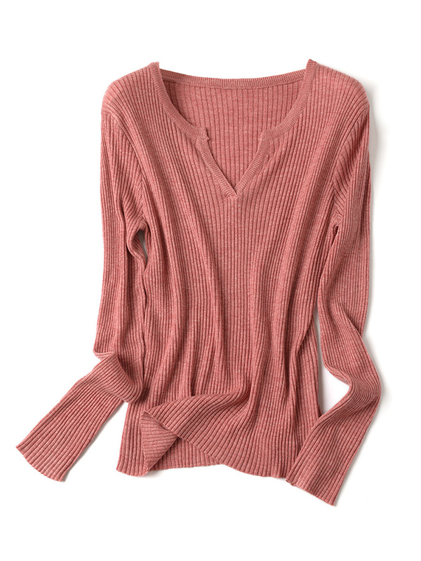 Red Long Sleeve Solid Color Slim Knitted Sweater