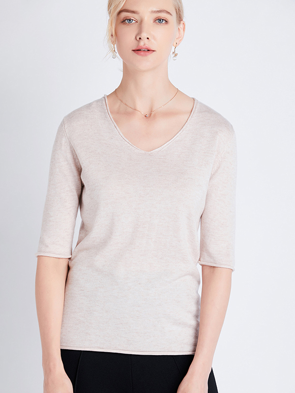 Pink Apricot Loose Half Sleeve Wool V-Neck Sweater